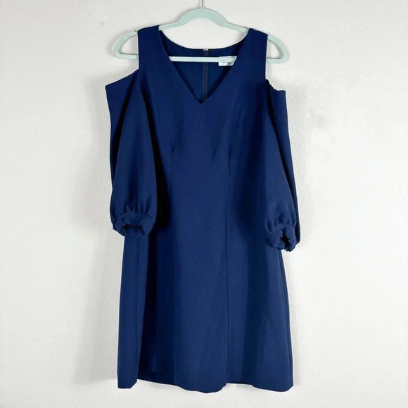 NWT Eliza J Cold Shoulder Crepe Shift V-neck Dress in Navy Blue size 10 - Picture 12 of 16